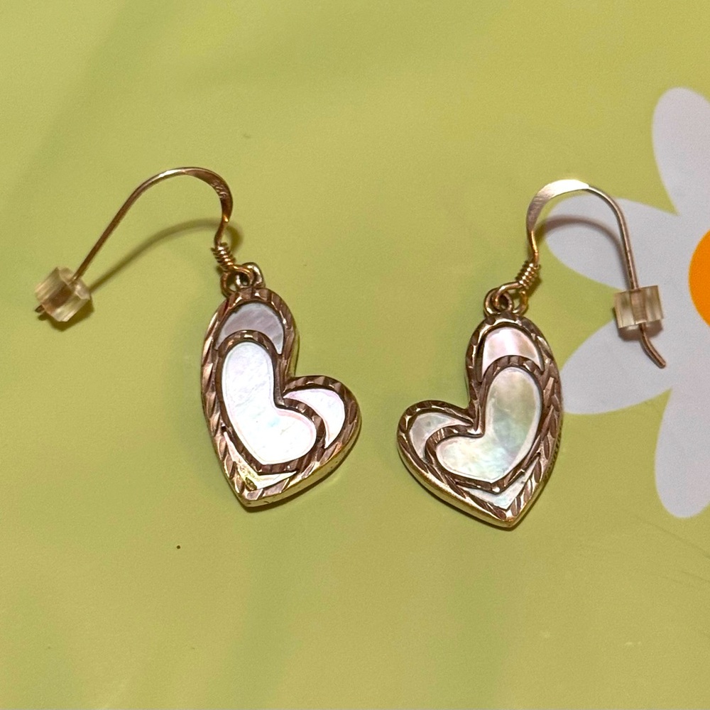 White Mother of Pearl Shell Heart Earrings, Sterling Silver Inlay